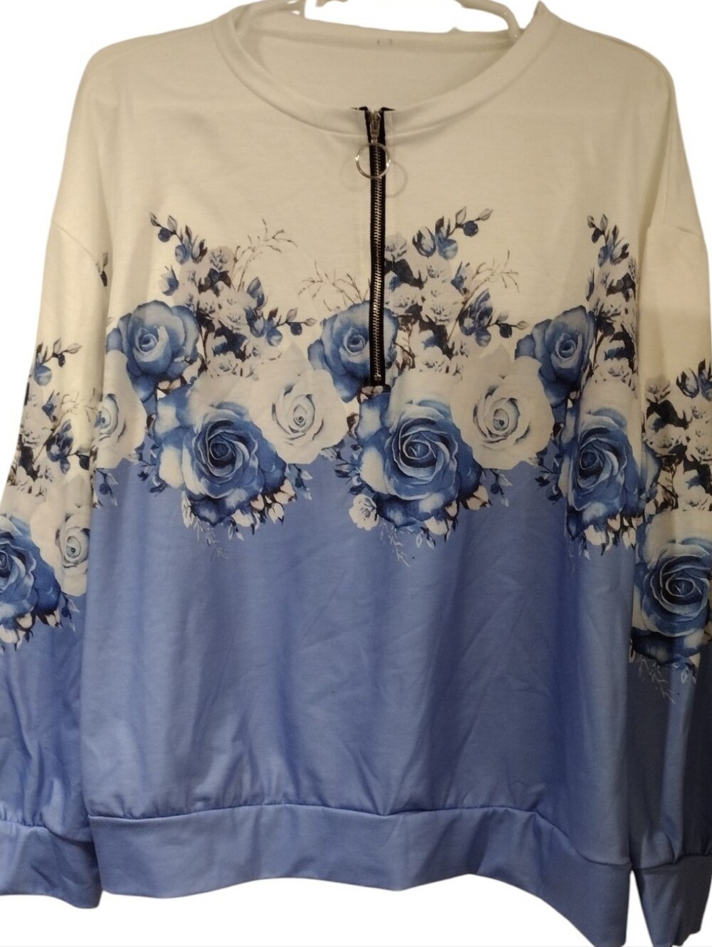 Blue & White Floral Zip Front Sweatshirt